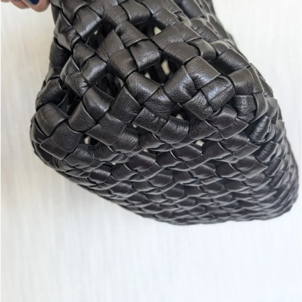 Black Genuine Leather Woven Tote Bag Large Shoulder Handbag Open Top Womens